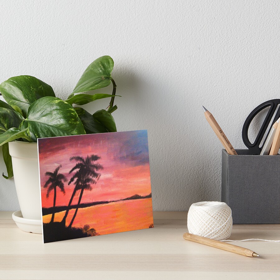 Sunset In The Tropics: Acrylic paint on canvas Painting of a beautiful tropical sunset, with the palm trees saying goodnight, and the still waters calming from the day. https://lizzyprittyarts.com/product-category/artwork-by-name/sunset-in-the-tropics/ https://www.redbubble.com/shop/ap/83589808 https://fineartamerica.com/featured/sunset-in-the-tropics-lizzy-pritty-arts.html https://lizzyprittyarts.threadless.com/designs/sunset-in-the-tropics