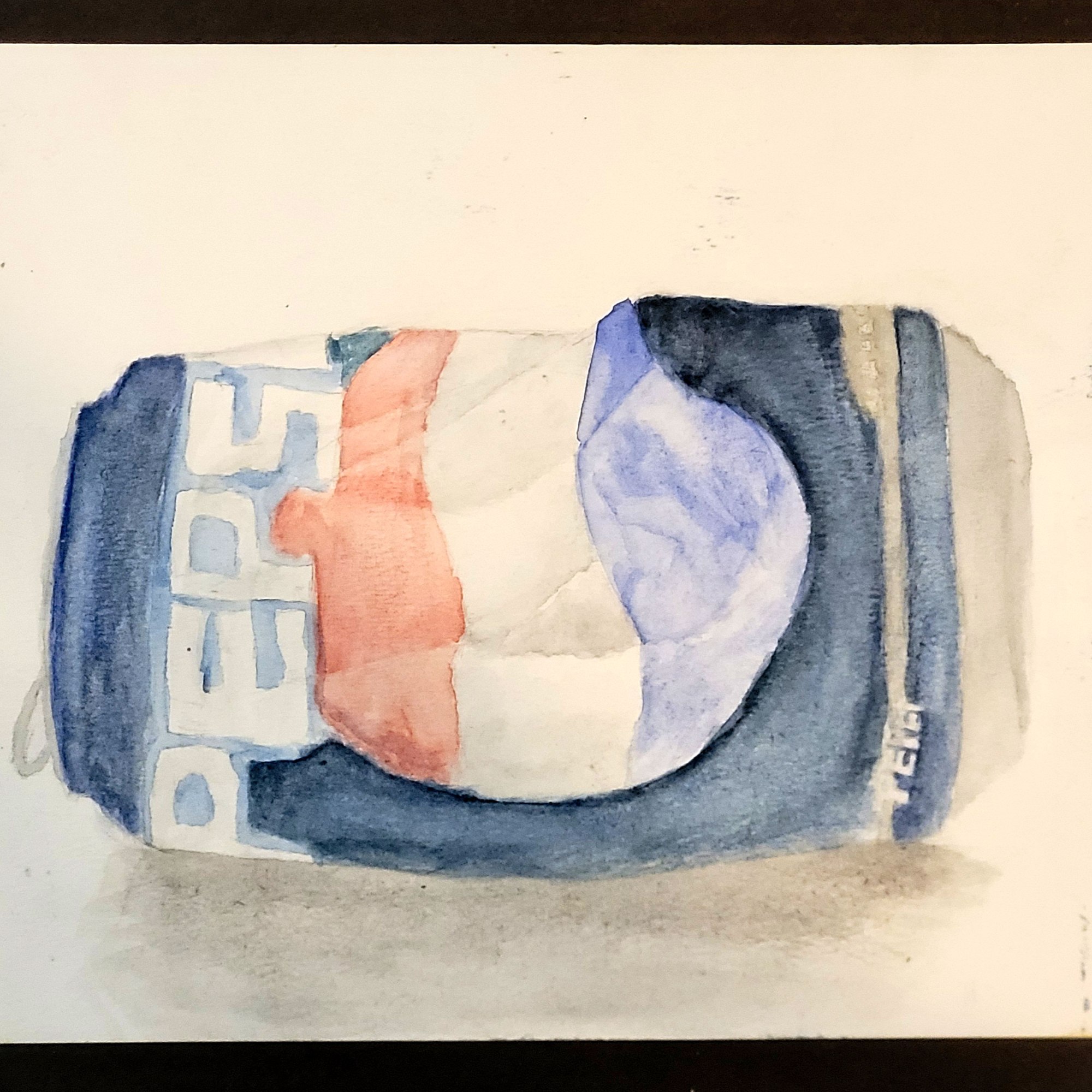Always Pepsi Cola: Watercolor on watercolor paper. This is a watercolor painting of a Pepsi can that was crushed and then re-stretched to show the dents and wrinkles.