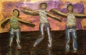 Dancers: Mixed Media Media includes Oil pastel and purple paint wash, on cardboard with newspaper clips. Mixed media drawing on mixed media of faceless dancers. This is based on an actual photo, and the dancer in the middle was me in high school! https://lizzyprittyarts.com/product-category/artwork-by-name/dancers/ https://fineartamerica.com/featured/dancers-lizzy-pritty-arts.html https://lizzyprittyarts.threadless.com/designs/dancers