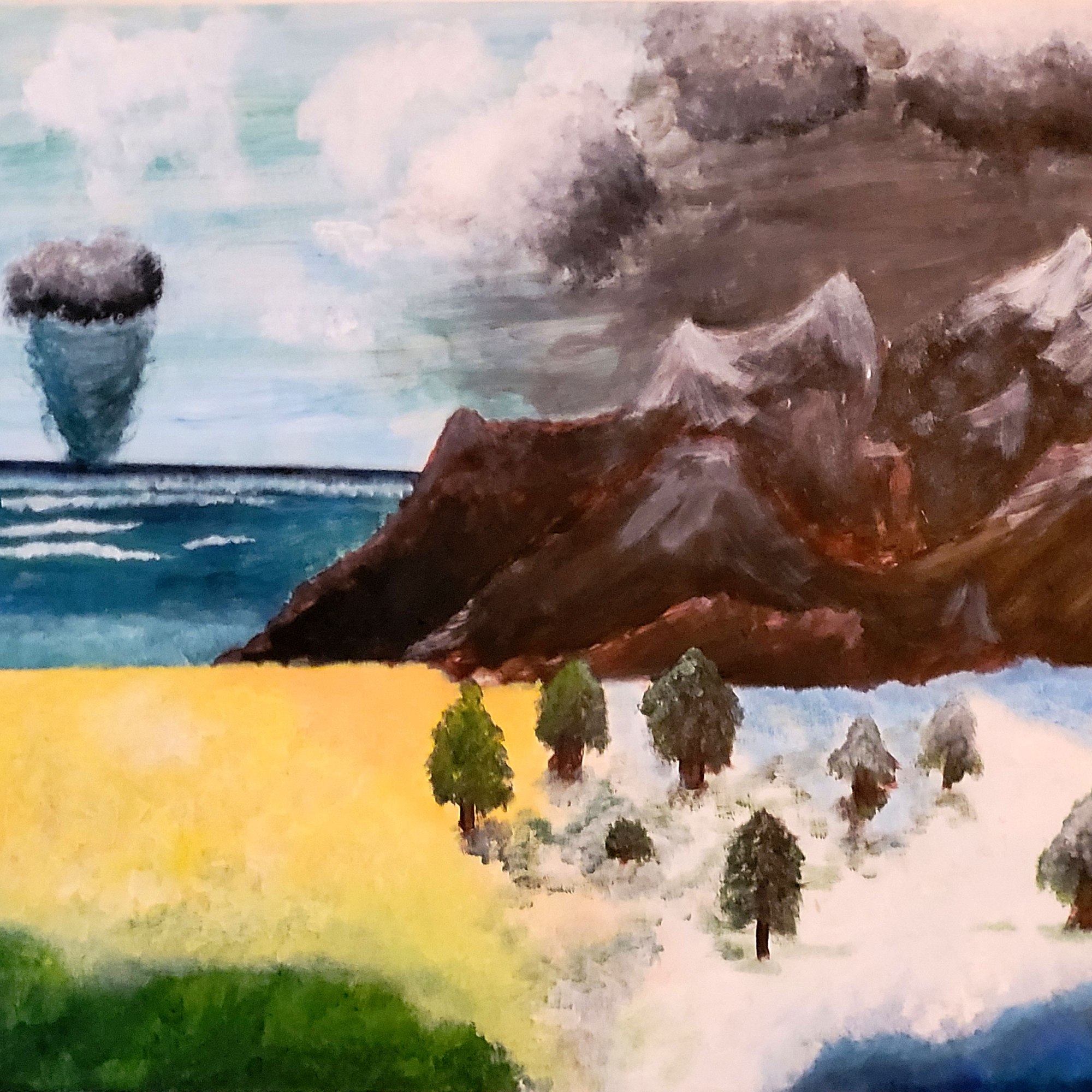 Dramatica: Acrylic paint on poster board A painting depicting different landscapes composed: beach, mountain, stormy, snowy, grasslands. https://lizzyprittyarts.com/product-category/artwork-by-name/dramatica/ https://www.redbubble.com/shop/ap/83961820 https://fineartamerica.com/featured/dramatica-lizzy-pritty-arts.html https://lizzyprittyarts.threadless.com/designs/dramatica