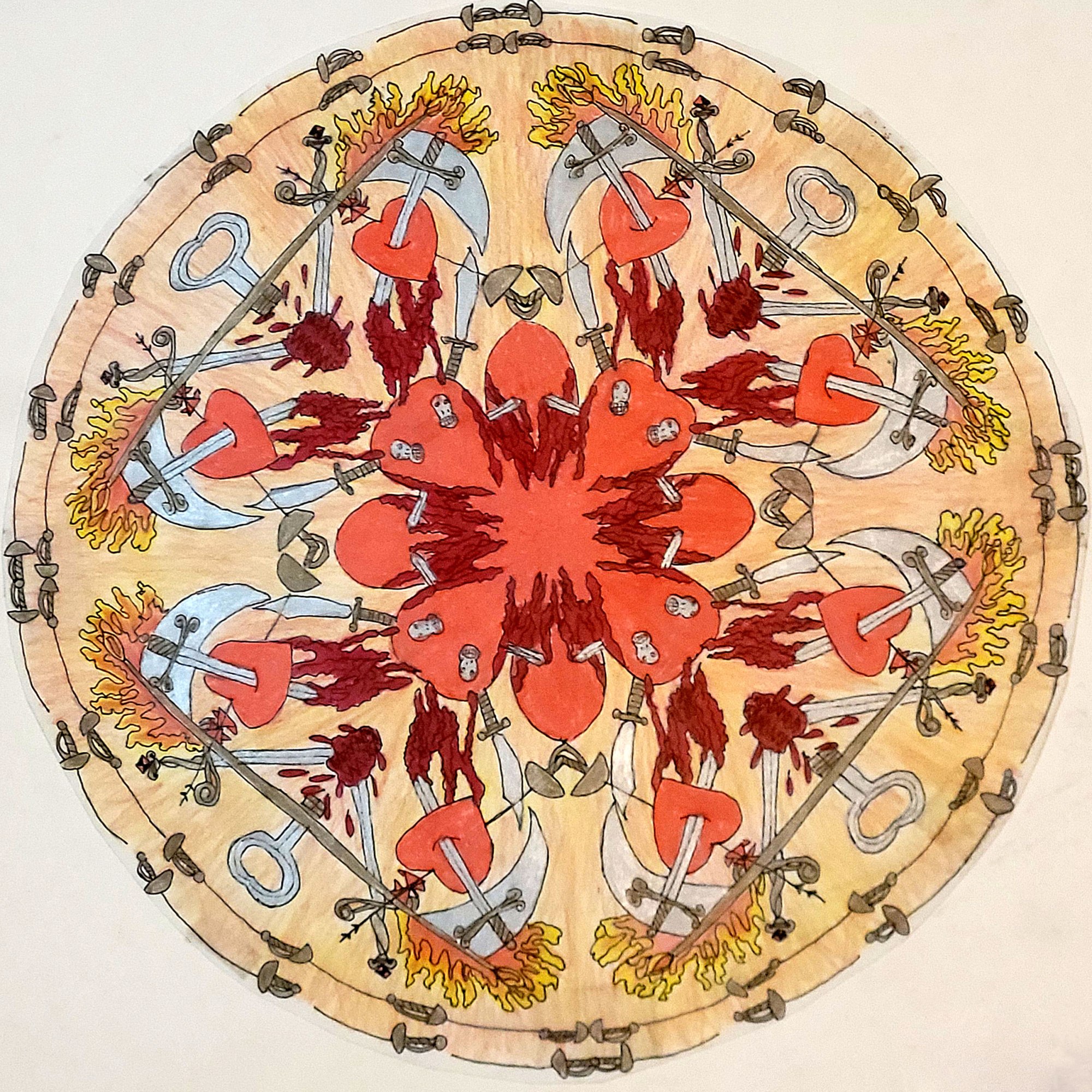 Firey Swords Through Bleeding Hearts: Colored Pencil on paper Art style called radial symmetry, featuring fire, swords, and hearts. An abstract concept to battles and battle scenes. https://lizzyprittyarts.com/product-category/artwork-by-name/firey-swords-through-bleeding-hearts/ https://fineartamerica.com/featured/firey-swords-through-bleeding-hearts-lizzy-pritty-arts.html https://lizzyprittyarts.threadless.com/designs/firey-swords-through-bleeding-hearts