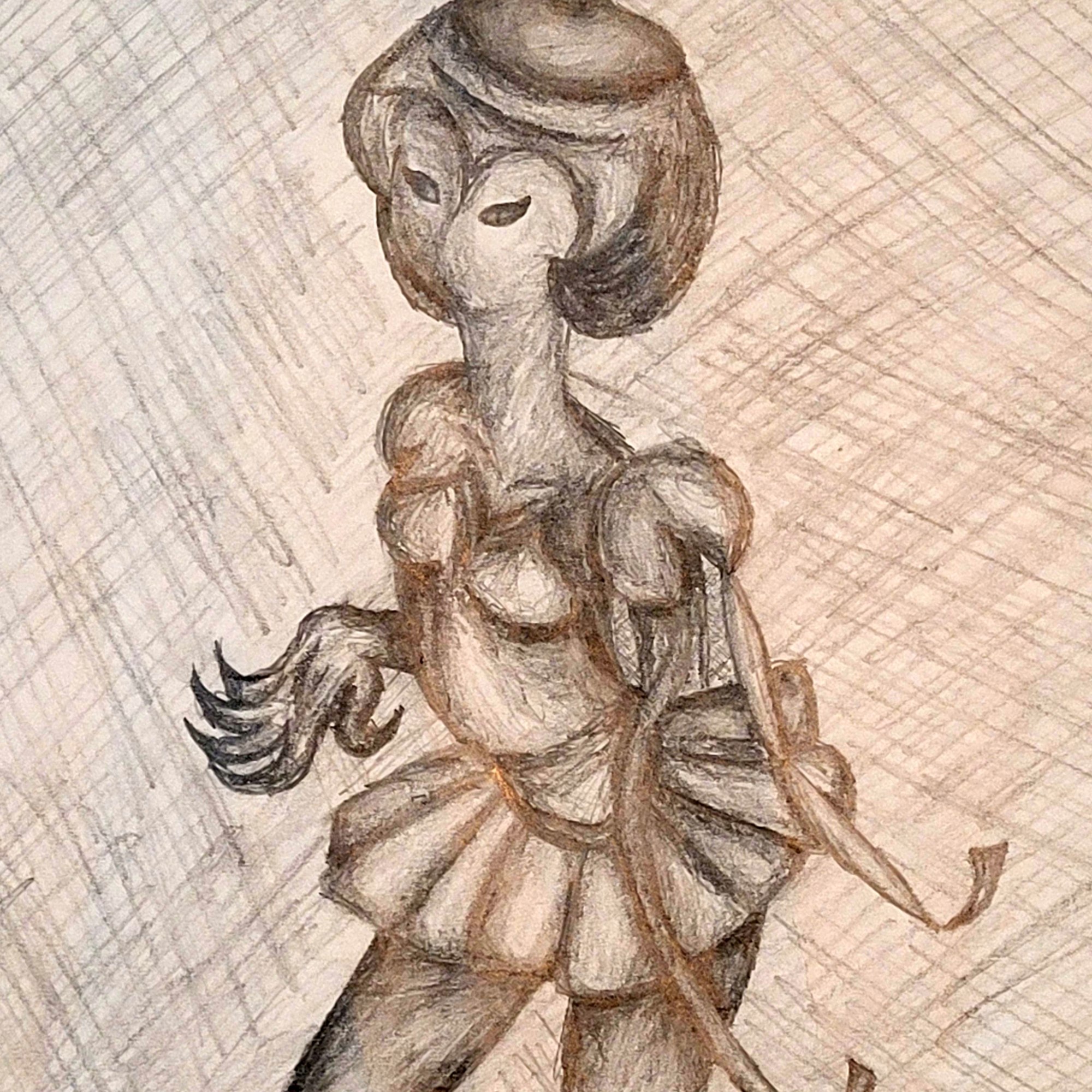 Garden Imp: Pencil on paper Drawing of a little garden imp or sprite. https://lizzyprittyarts.com/product-category/artwork-by-name/garden-imp/ https://lizzyprittyarts.threadless.com/designs/garden-imp