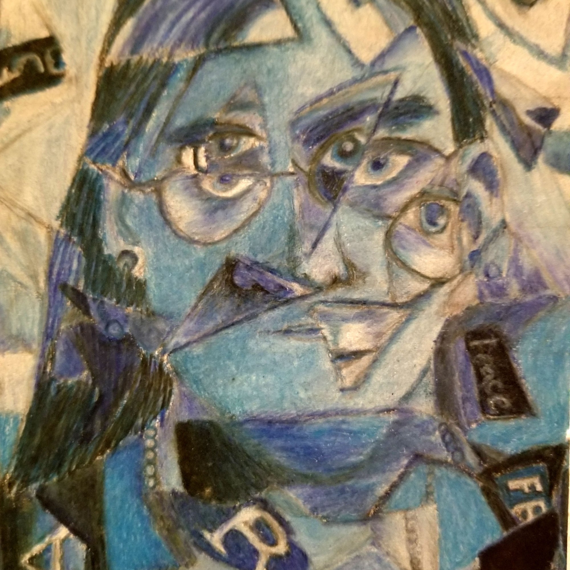 Hope - Self-Portrait: Colored Pencil on paper Abstract self-portrait, favoring blue colors. Concept loosely based off Picasso. Numerous self portrait photos, cut up in pieces along with magazine and newspaper clips are glued together on a base self portrait photo, and then used to make an "exact copy" using colored pencils. No tracing involved. https://lizzyprittyarts.com/product-category/artwork-by-name/hope-self-portrait/ https://lizzyprittyarts.threadless.com/designs/hope-self-portrait