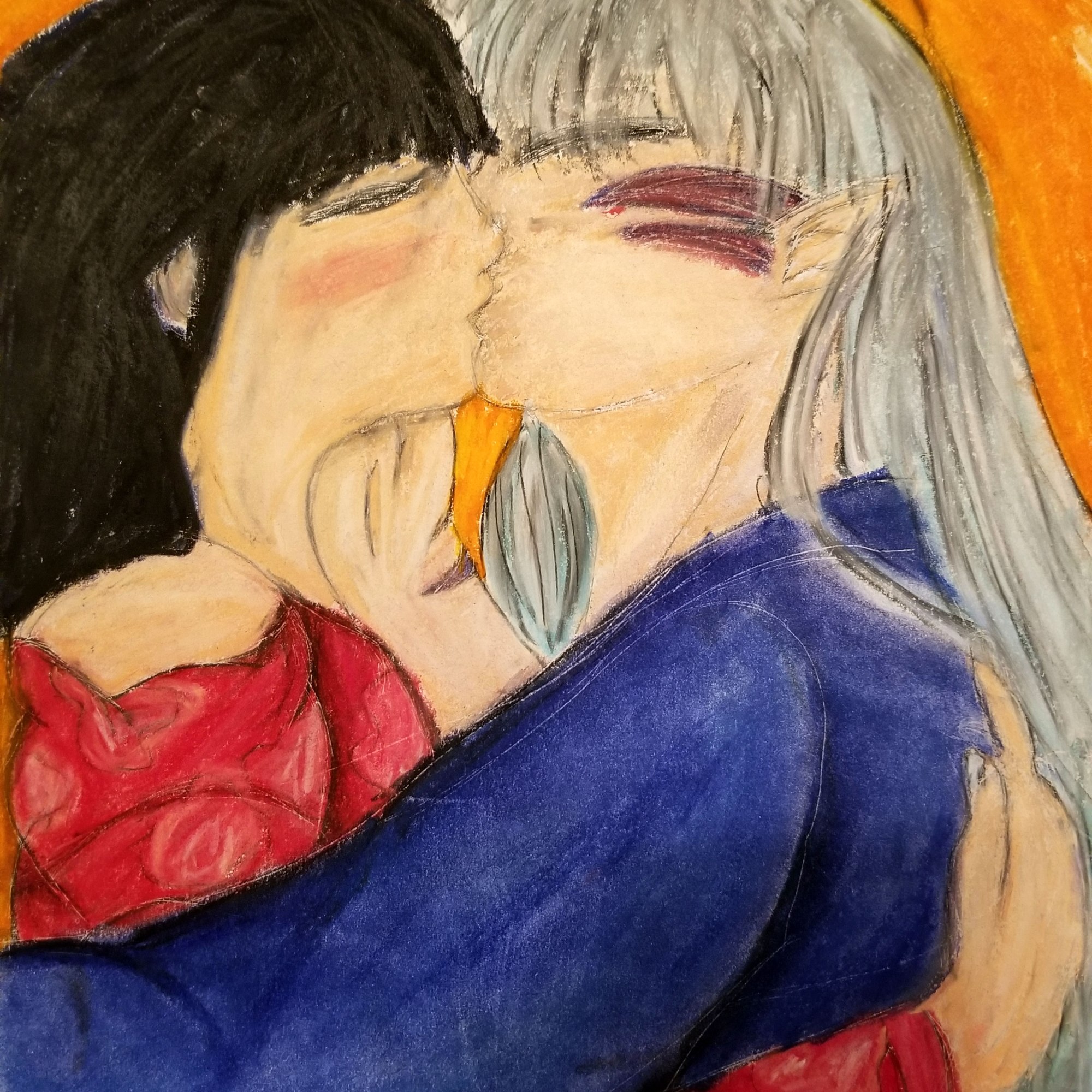 In Lover's Arms: Oil Pastel on construction paper Oil pastel drawing inspired by Rumiko Takahashi's "Inuyasha." Fan based interpretation of Sesshoumaru and Kagome in a lover's embrace.