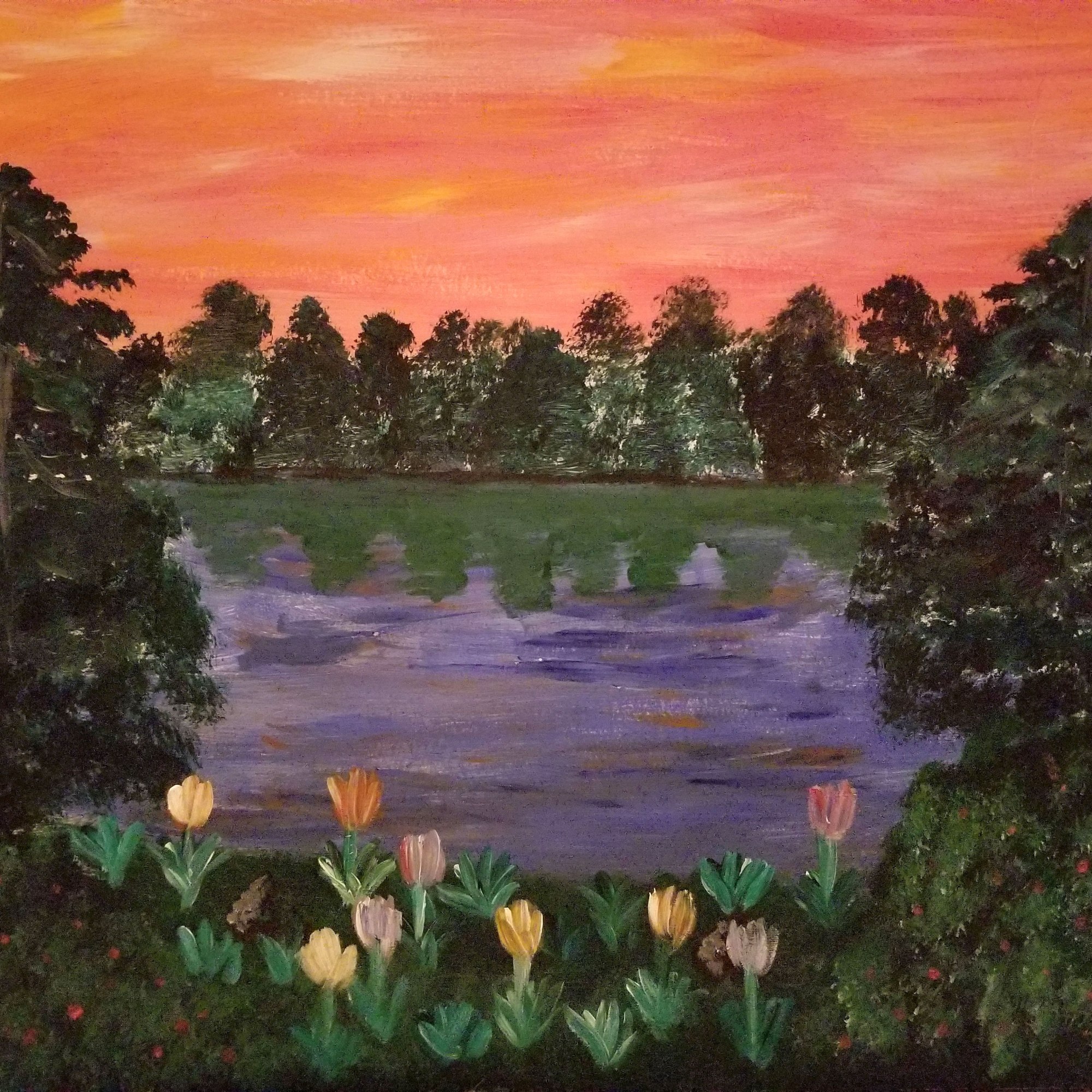 Lakeside Tranquility: Acrylic paint on poster board. Painting of a landscape with flowers, lake, trees, and a golden sunset sky. https://lizzyprittyarts.com/product-category/artwork-by-name/lakeside-tranquility/ https://www.redbubble.com/shop/ap/83576738 https://fineartamerica.com/featured/lakeside-tranquility-lizzy-pritty-arts.html https://lizzyprittyarts.threadless.com/designs/lakeside-tranquility