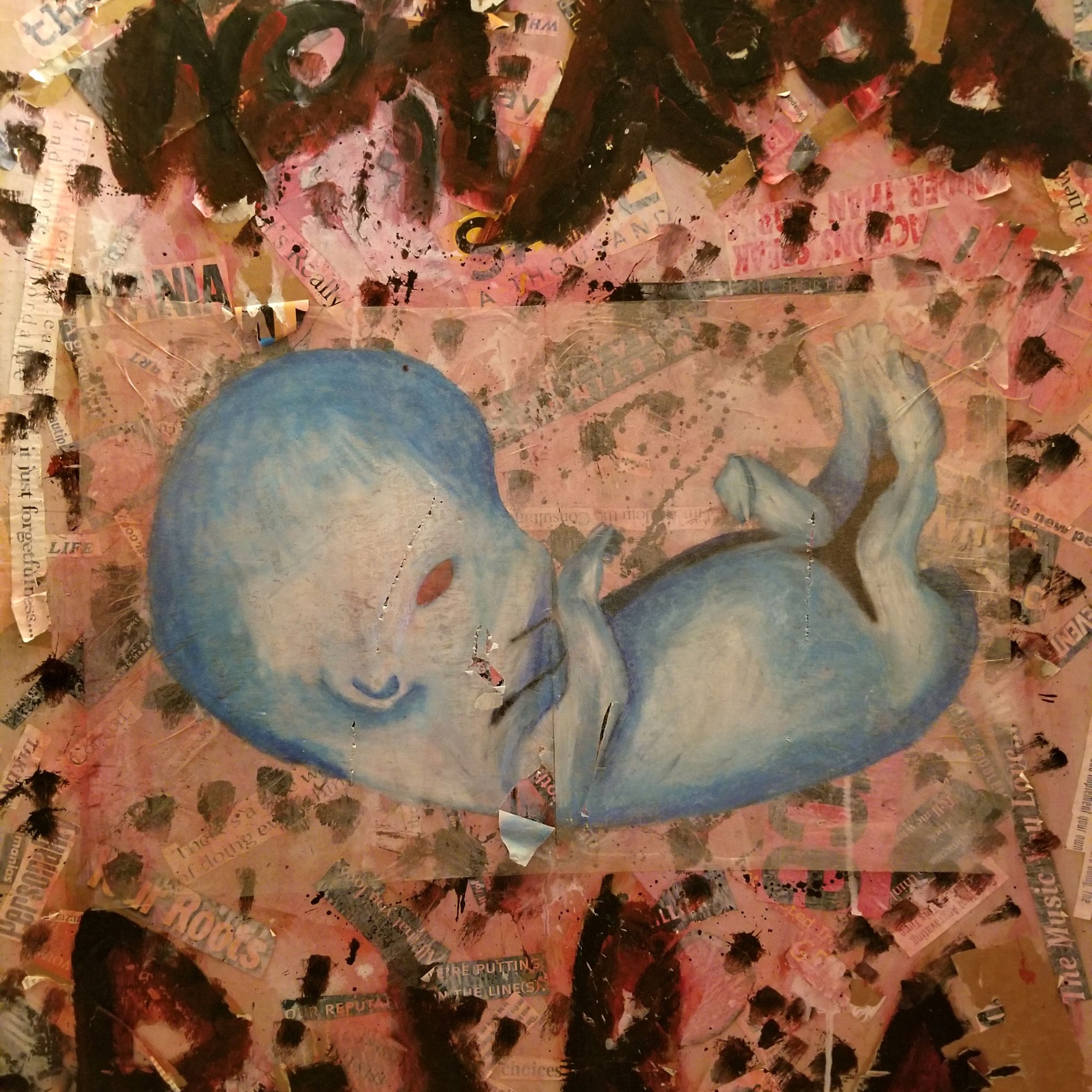 NoitRoba: Mixed media including paint washes on cardboard, oil pastel on paper, paint, news clippings. Mixed media drawing and painting that express social issues in the world.