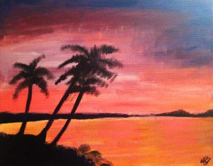 Sunset In The Tropics: Acrylic paint on canvas Painting of a beautiful tropical sunset, with the palm trees saying goodnight, and the still waters calming from the day. https://lizzyprittyarts.com/product-category/artwork-by-name/sunset-in-the-tropics/ https://www.redbubble.com/shop/ap/83589808 https://fineartamerica.com/featured/sunset-in-the-tropics-lizzy-pritty-arts.html https://lizzyprittyarts.threadless.com/designs/sunset-in-the-tropics