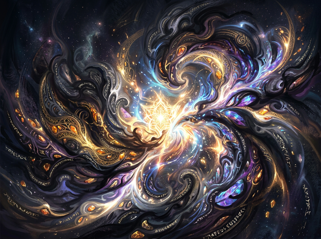Swirling cosmic energy with bright lights and dark space background