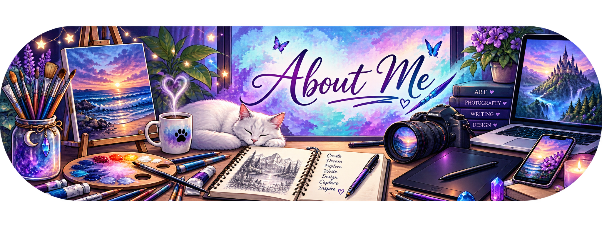 Illustrated creative workspace featuring paintbrushes, a sunset painting, sketchbook, sleeping white cat, camera, laptop, drawing tablet, and the words “About Me.”