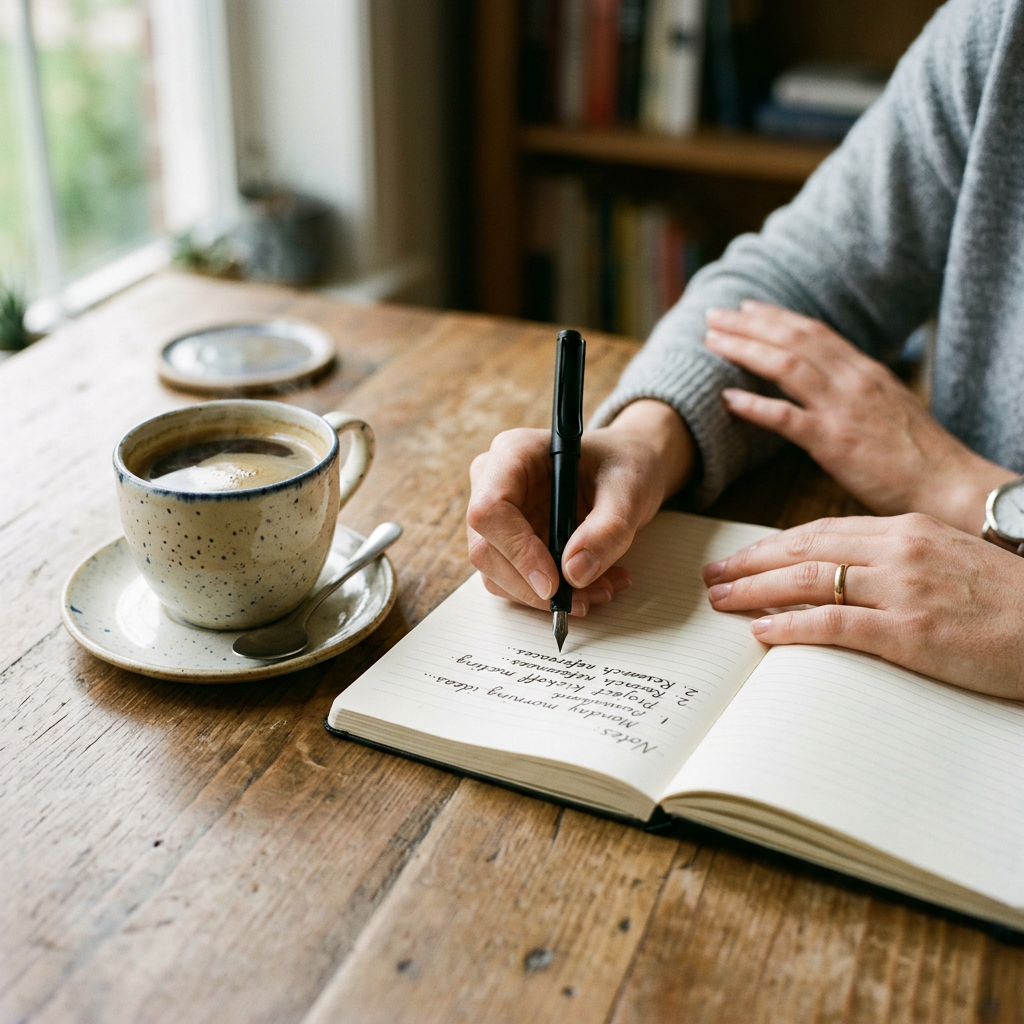 Person writing in an open notebook beside a cup of coffee