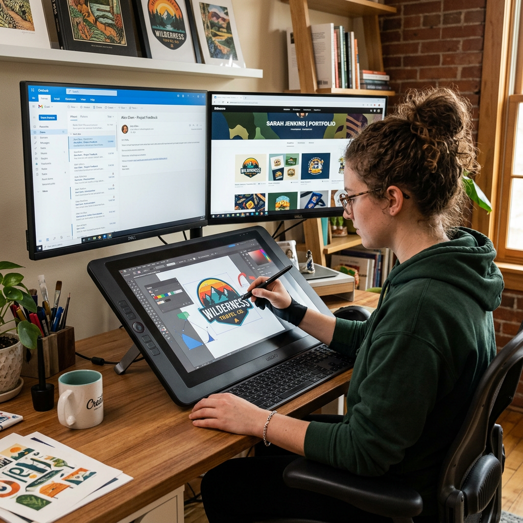 Designer creating wilderness-themed logo on a digital drawing tablet